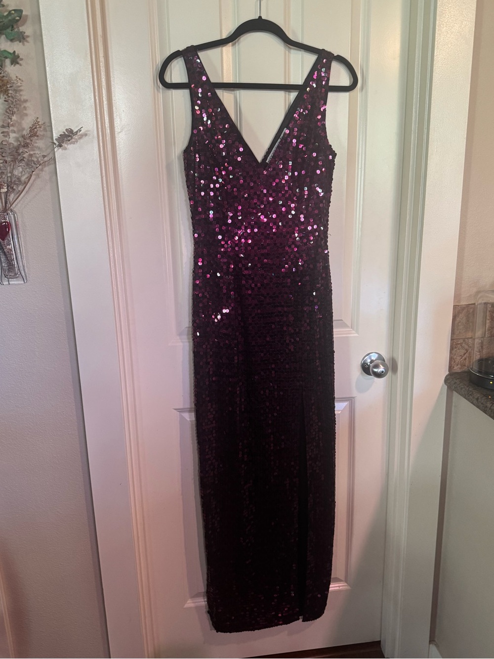 Vintage 90s Niteline Sequin Full Length Dress in Plum with Front Slit